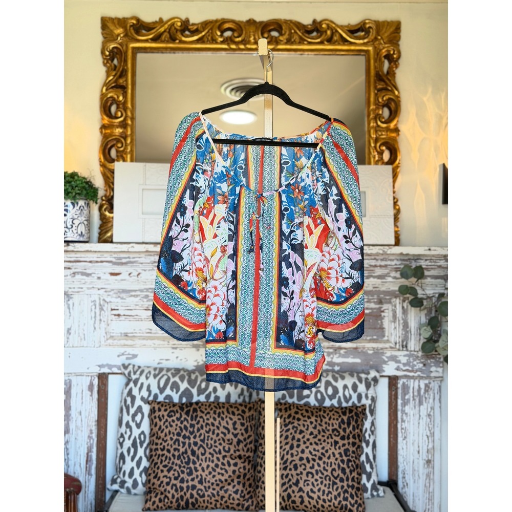 Unique Spectrum Floral Scarf Print Blouse Multicolor Bell Sleeve Top Large